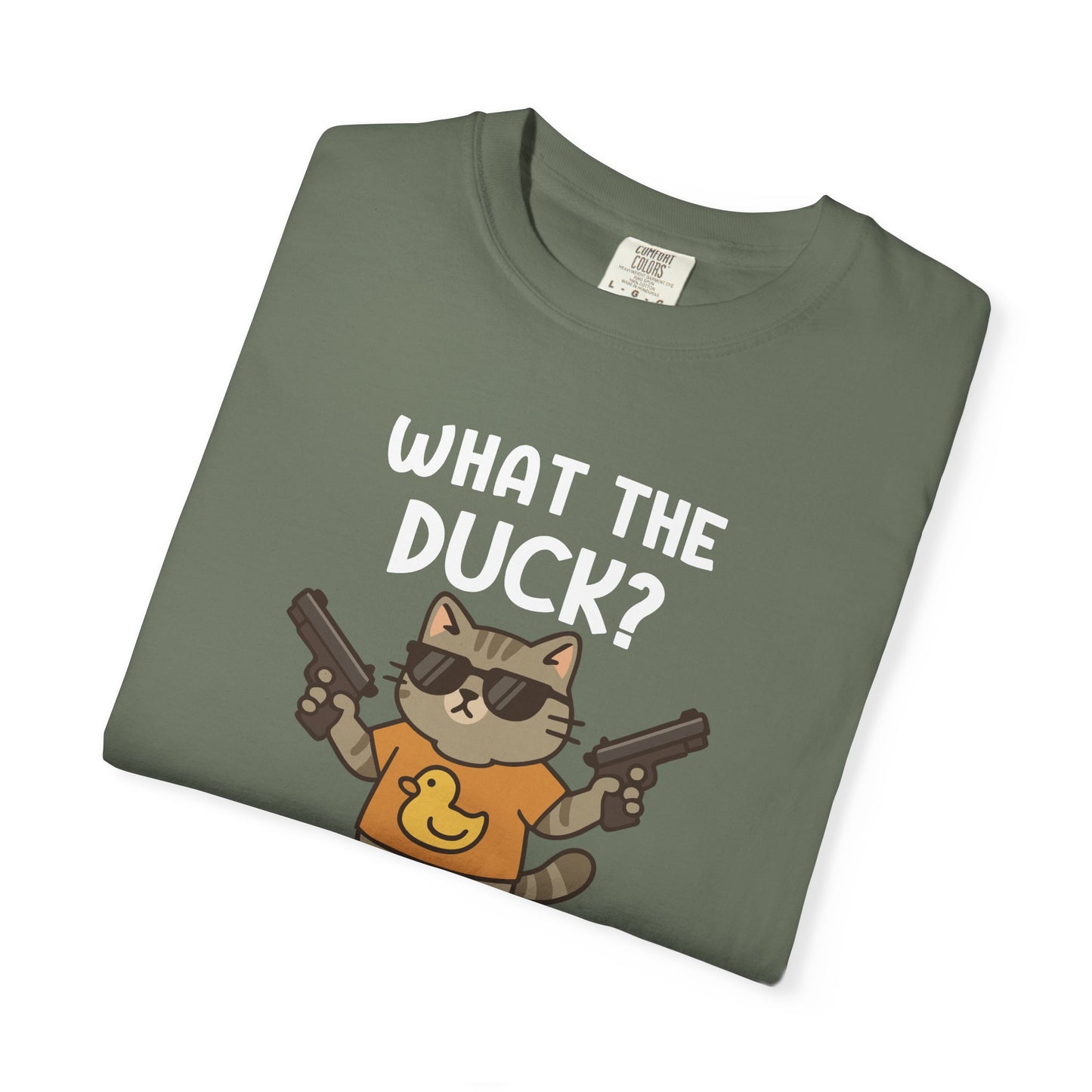 T-Shirt: What The Duck? - Funny Armed Cat Meme Graphic Tee - Humorous Unisex Shirt for Cat Lovers & Internet Humor Fans