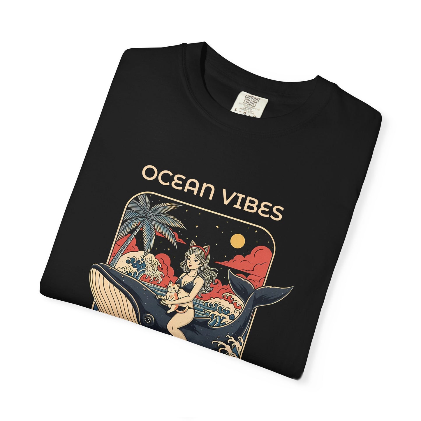 T-Shirt: Ocean Vibes – Anime Whale Rider Tee – Retro Japanese Style Shirt – Cat Girl Graphic Unisex Top for Surfers & Dreamers