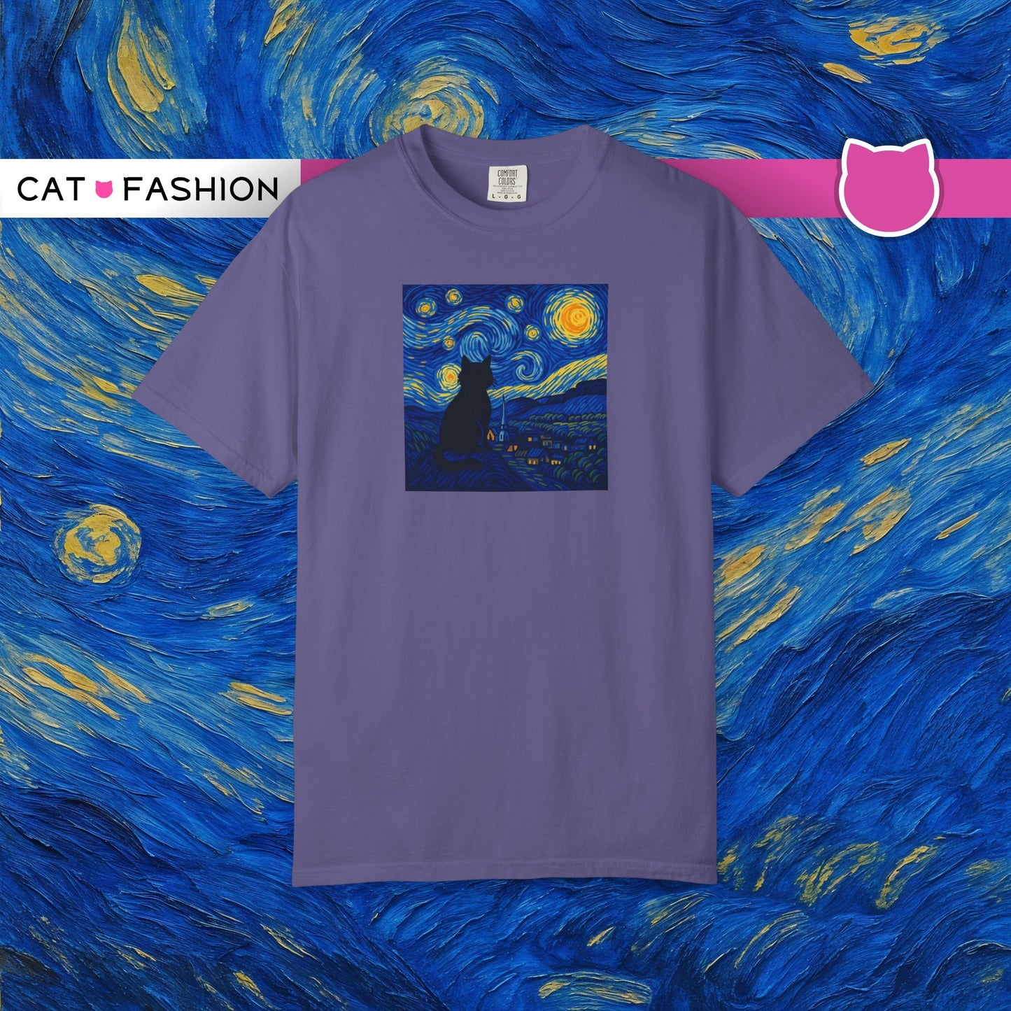 T-Shirt: The Starry Night with Cat - Van Gogh Parody Art Tee - Whimsical Unisex Shirt for Cat Lovers and Art Fans