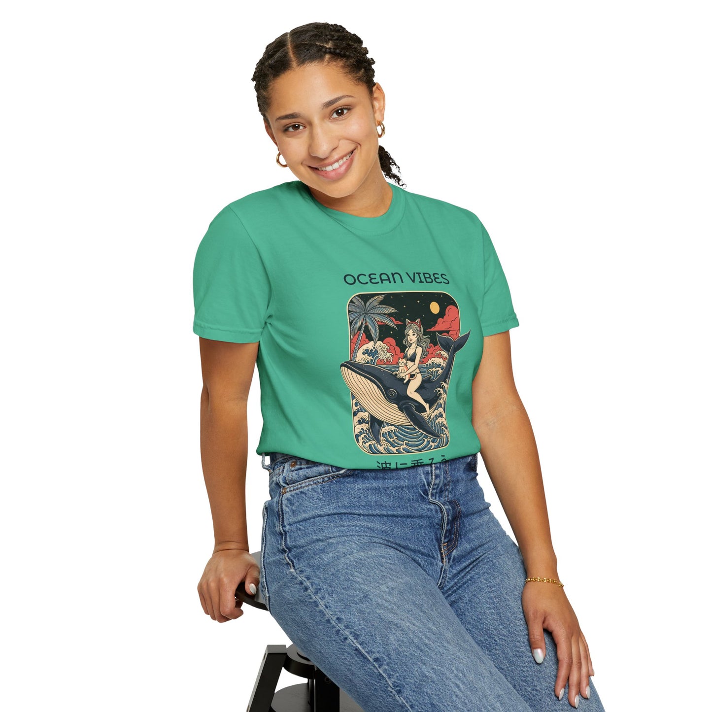 T-Shirt: Ocean Vibes – Anime Whale Rider Tee – Retro Japanese Style Shirt – Cat Girl Graphic Unisex Top for Surfers & Dreamers