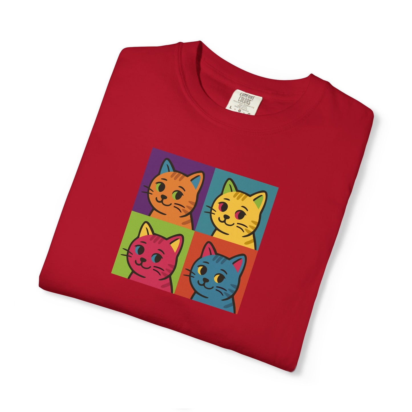 T-Shirt: Pop Art Cats - Colorful Retro Style Kitty Faces Graphic Tee - Funny Unisex Shirt for Cat Lovers and Art Fans
