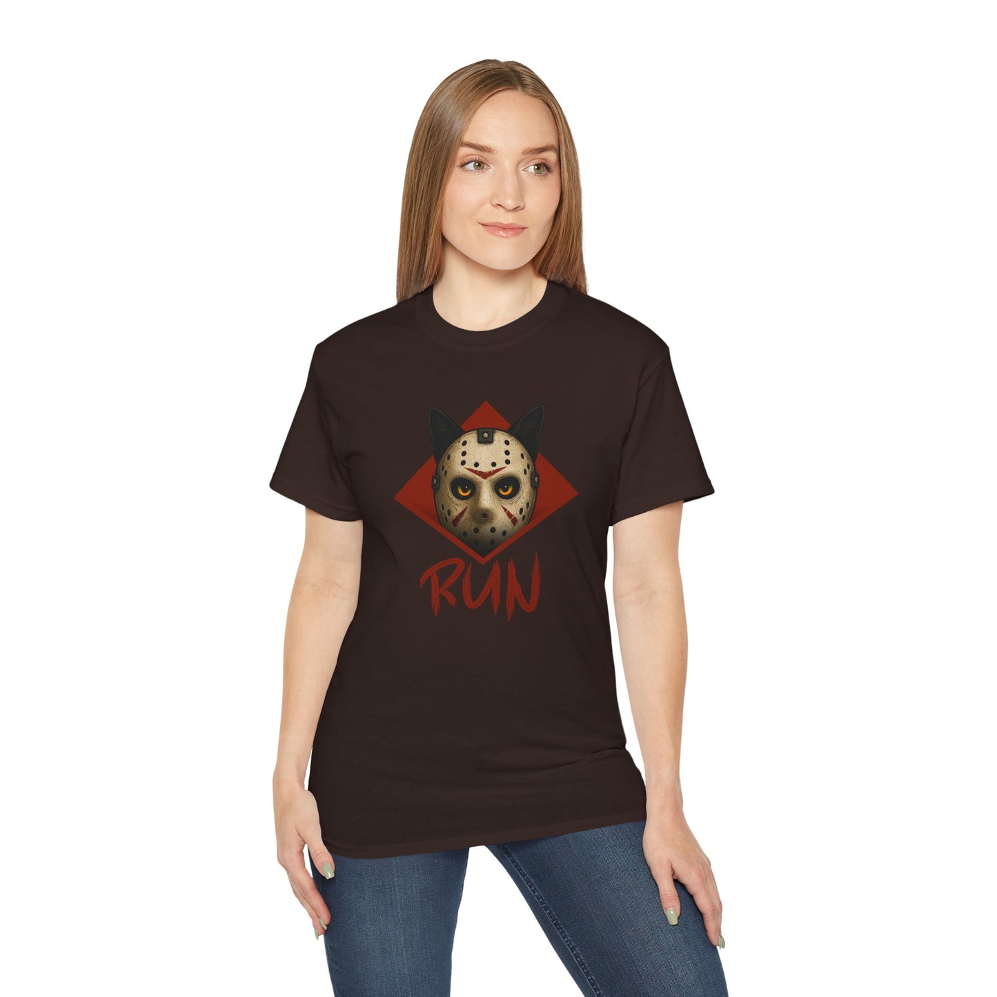 T-Shirt: RUN – Creepy Cat Horror Mask Graphic Tee – Halloween Scary Unisex Shirt for Spooky Season