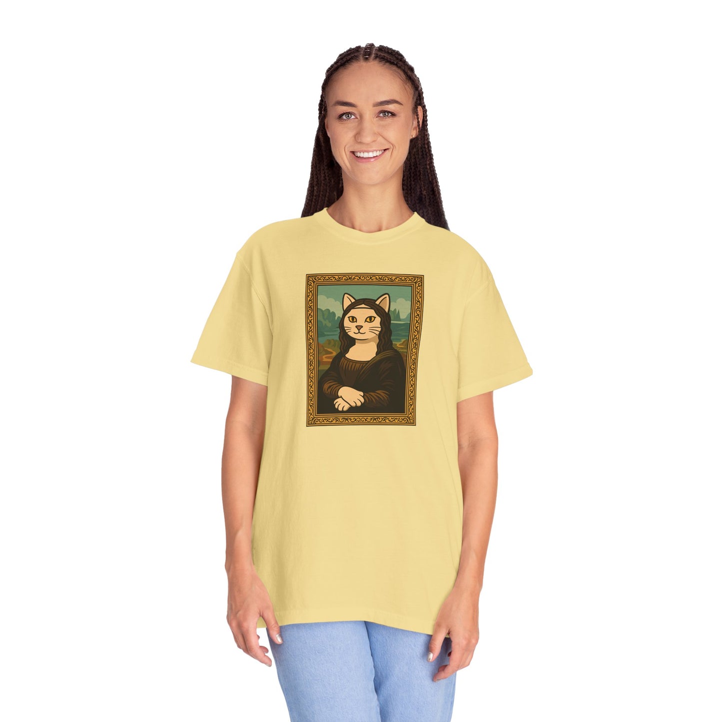 T-Shirt: Meow Mona Lisa - Cat Art Parody Graphic Tee - Leonardo da Vinci-Inspired Unisex Shirt for Cat Lovers and Art Fans