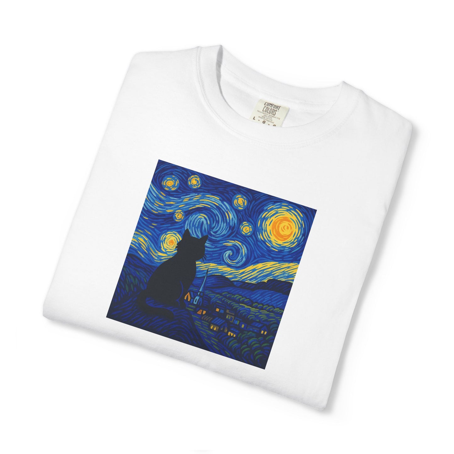 T-Shirt: The Starry Night with Cat - Van Gogh Parody Art Tee - Whimsical Unisex Shirt for Cat Lovers and Art Fans