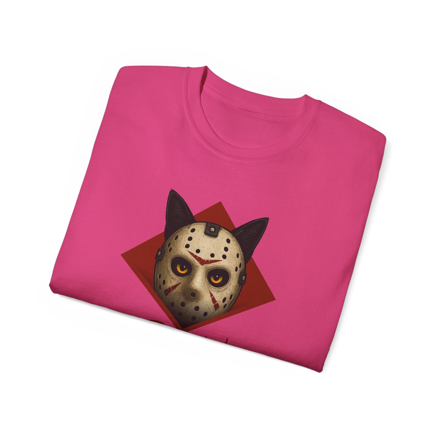 T-Shirt: RUN – Creepy Cat Horror Mask Graphic Tee – Halloween Scary Unisex Shirt for Spooky Season