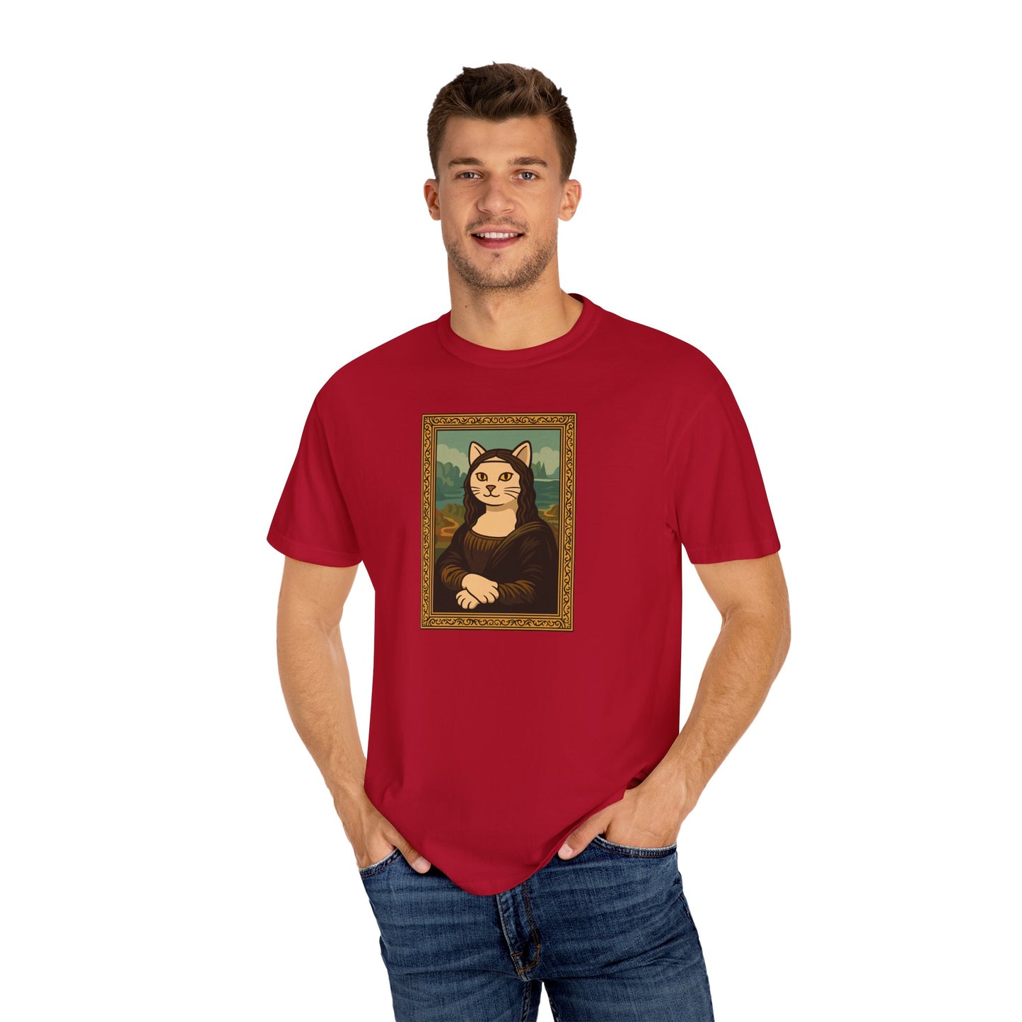 T-Shirt: Meow Mona Lisa - Cat Art Parody Graphic Tee - Leonardo da Vinci-Inspired Unisex Shirt for Cat Lovers and Art Fans