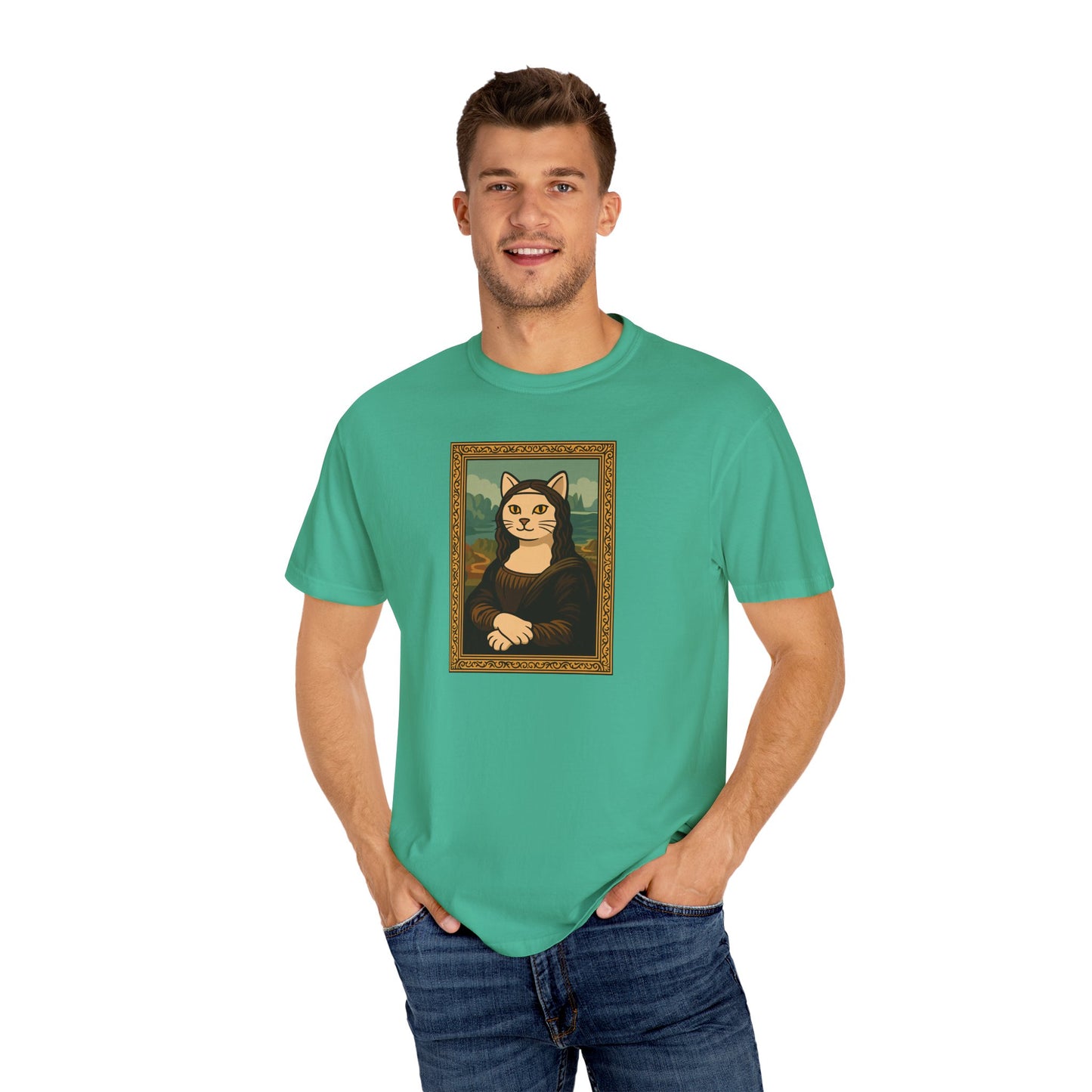 T-Shirt: Meow Mona Lisa - Cat Art Parody Graphic Tee - Leonardo da Vinci-Inspired Unisex Shirt for Cat Lovers and Art Fans