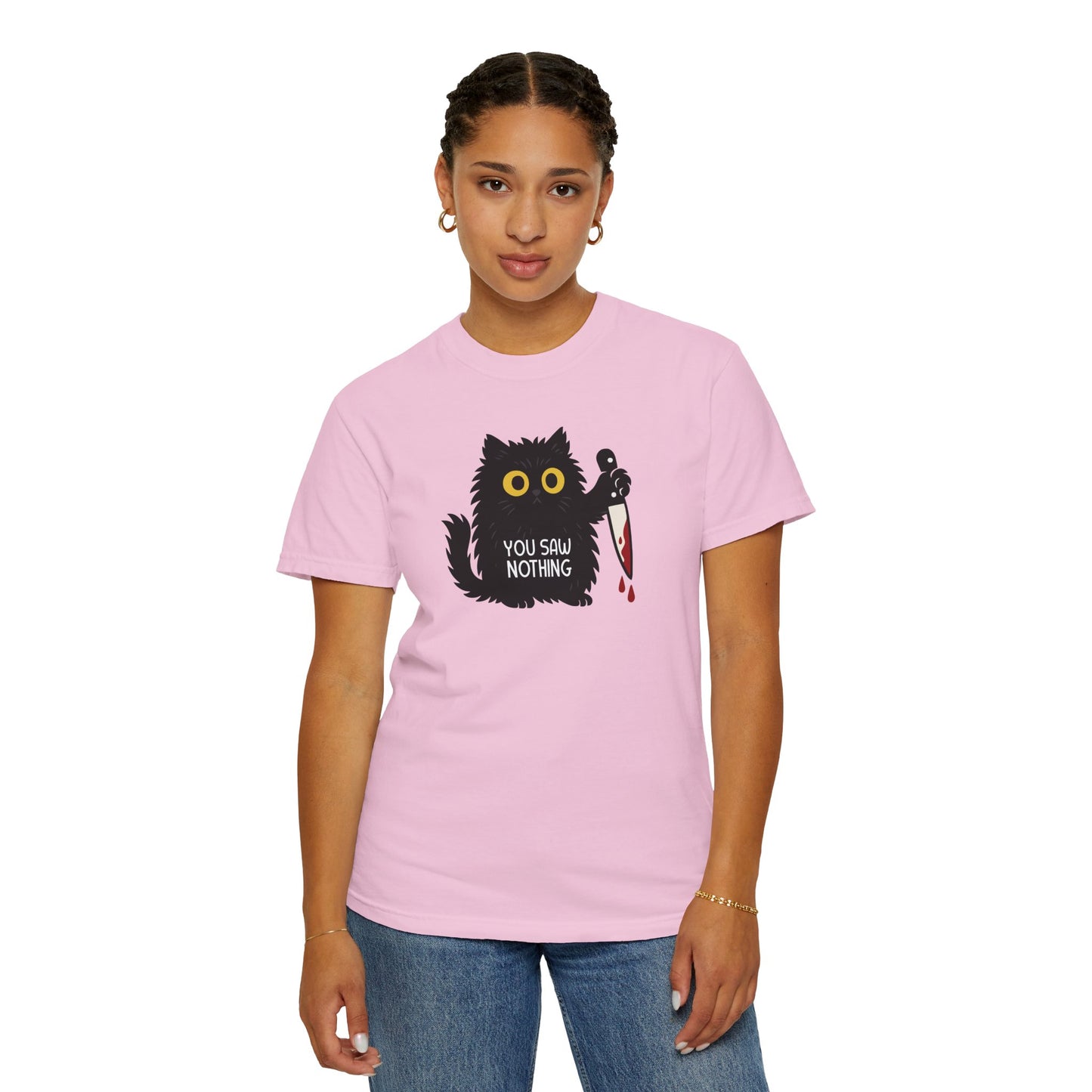 T-Shirt: You Saw Nothing - Funny Knife Cat Meme Graphic Tee - Dark Humor Unisex Shirt for Cat Lovers and Suspicious Vibes