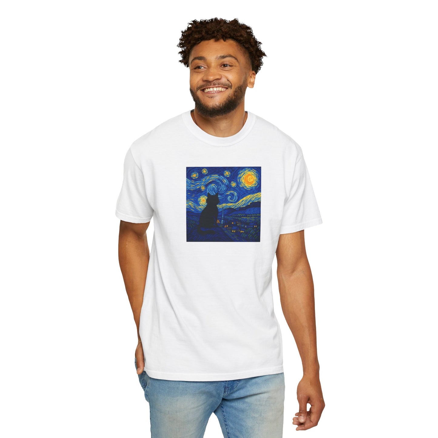 T-Shirt: The Starry Night with Cat - Van Gogh Parody Art Tee - Whimsical Unisex Shirt for Cat Lovers and Art Fans