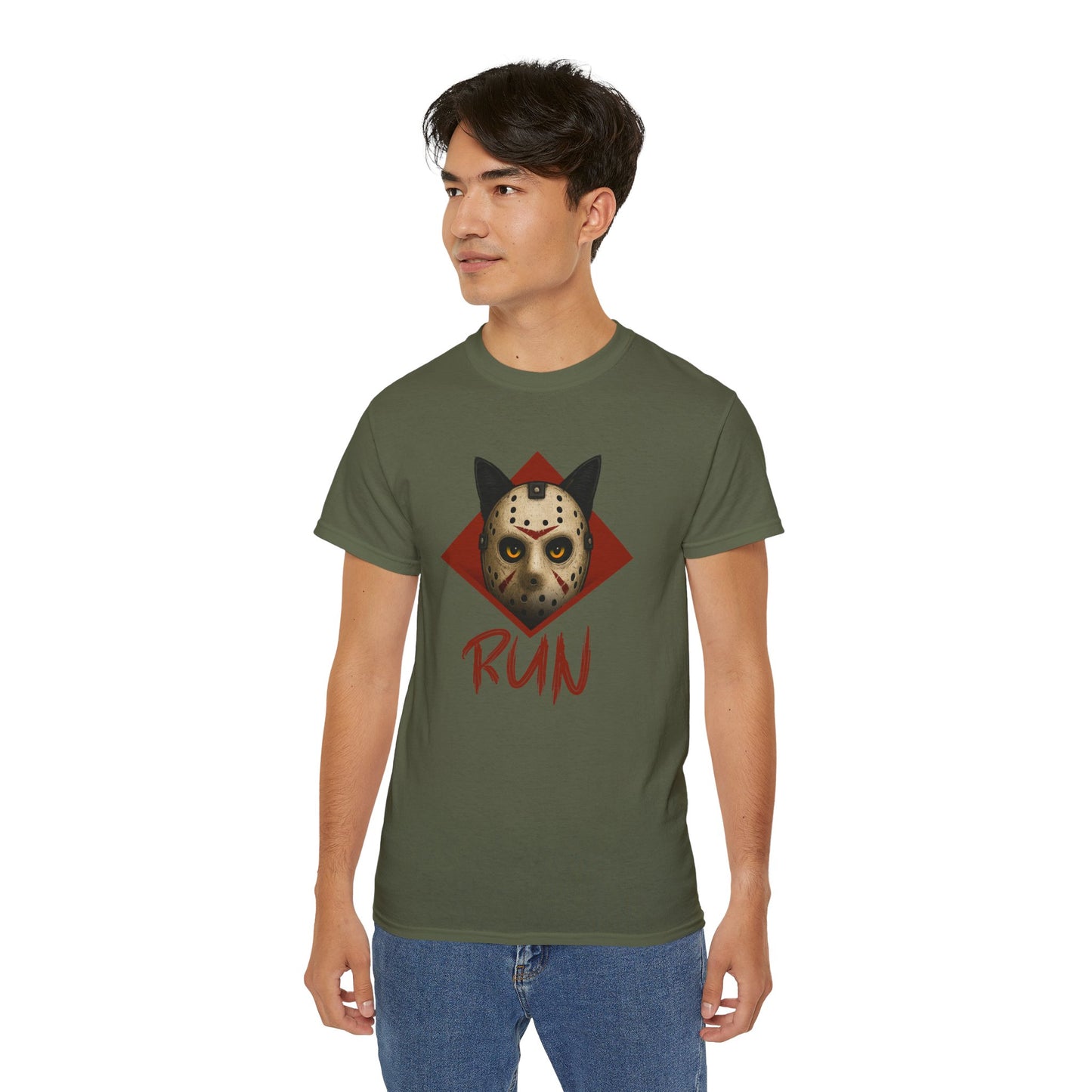 T-Shirt: RUN – Creepy Cat Horror Mask Graphic Tee – Halloween Scary Unisex Shirt for Spooky Season