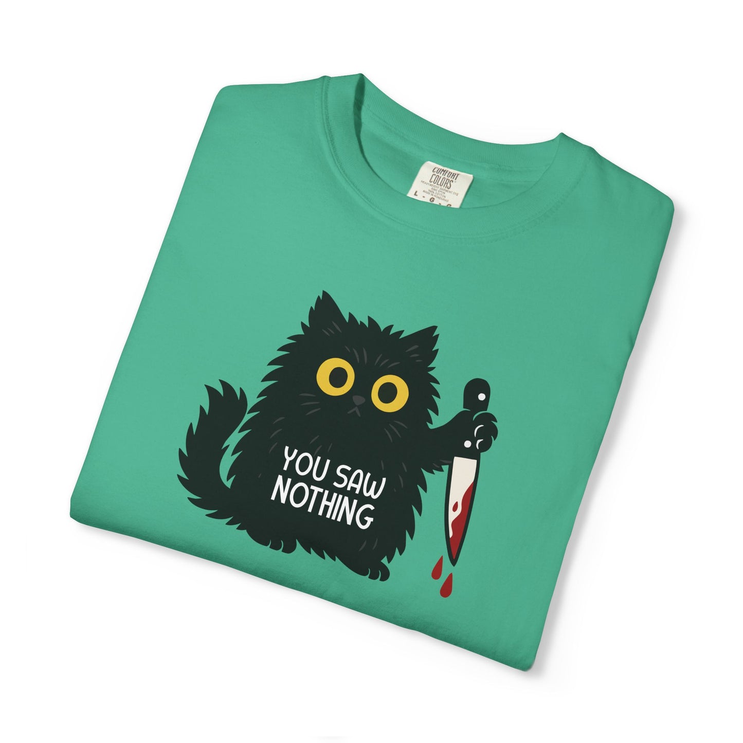 T-Shirt: You Saw Nothing - Funny Knife Cat Meme Graphic Tee - Dark Humor Unisex Shirt for Cat Lovers and Suspicious Vibes
