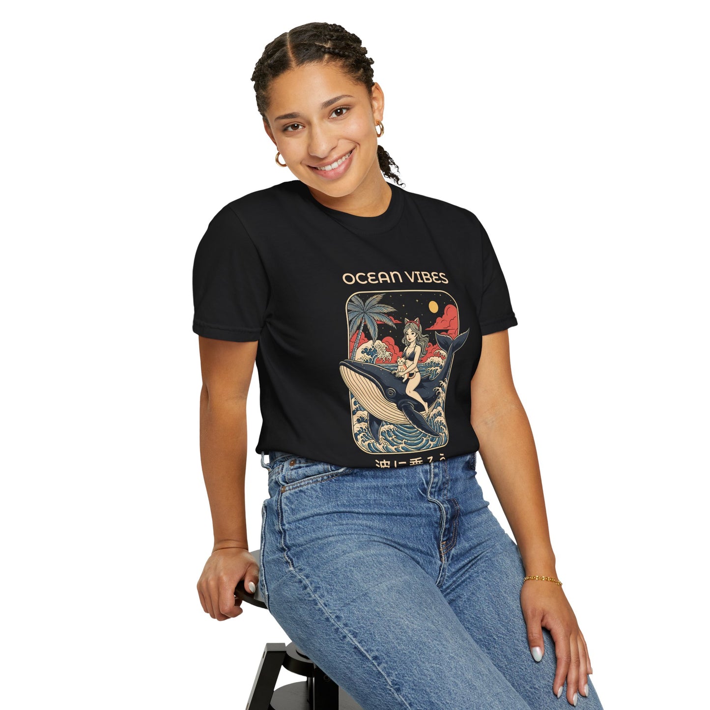 T-Shirt: Ocean Vibes – Anime Whale Rider Tee – Retro Japanese Style Shirt – Cat Girl Graphic Unisex Top for Surfers & Dreamers