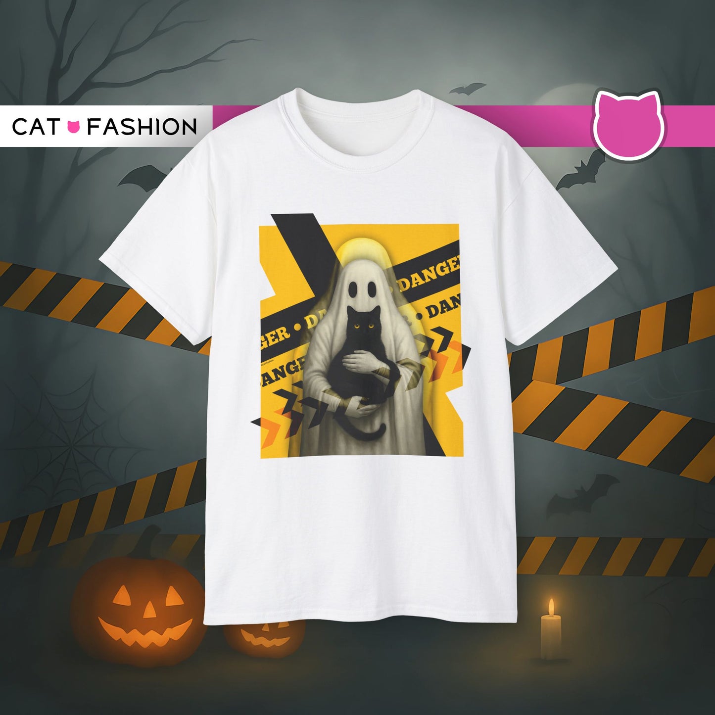 T-Shirt: Danger Cat and Ghost – Spooky Halloween Graphic Tee – Funny Unisex Shirt for Horror Fans