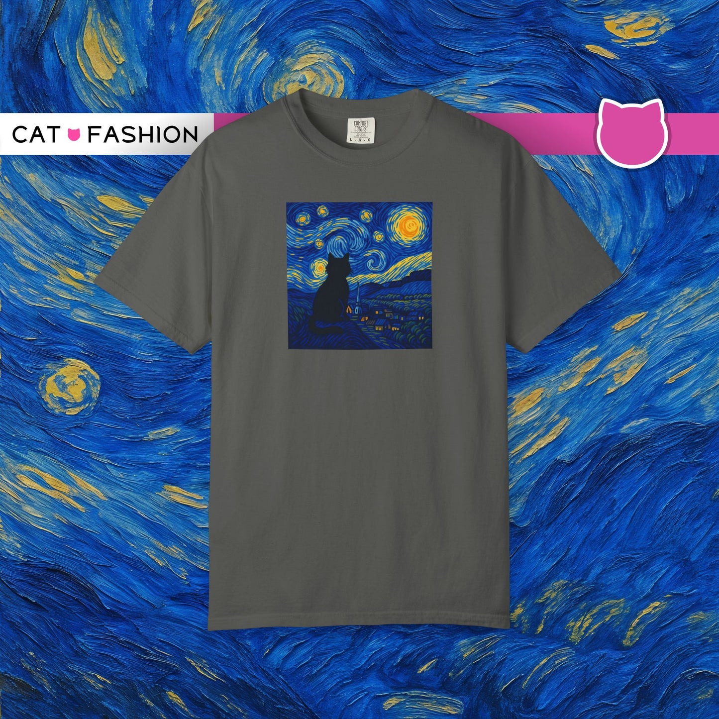 T-Shirt: The Starry Night with Cat - Van Gogh Parody Art Tee - Whimsical Unisex Shirt for Cat Lovers and Art Fans