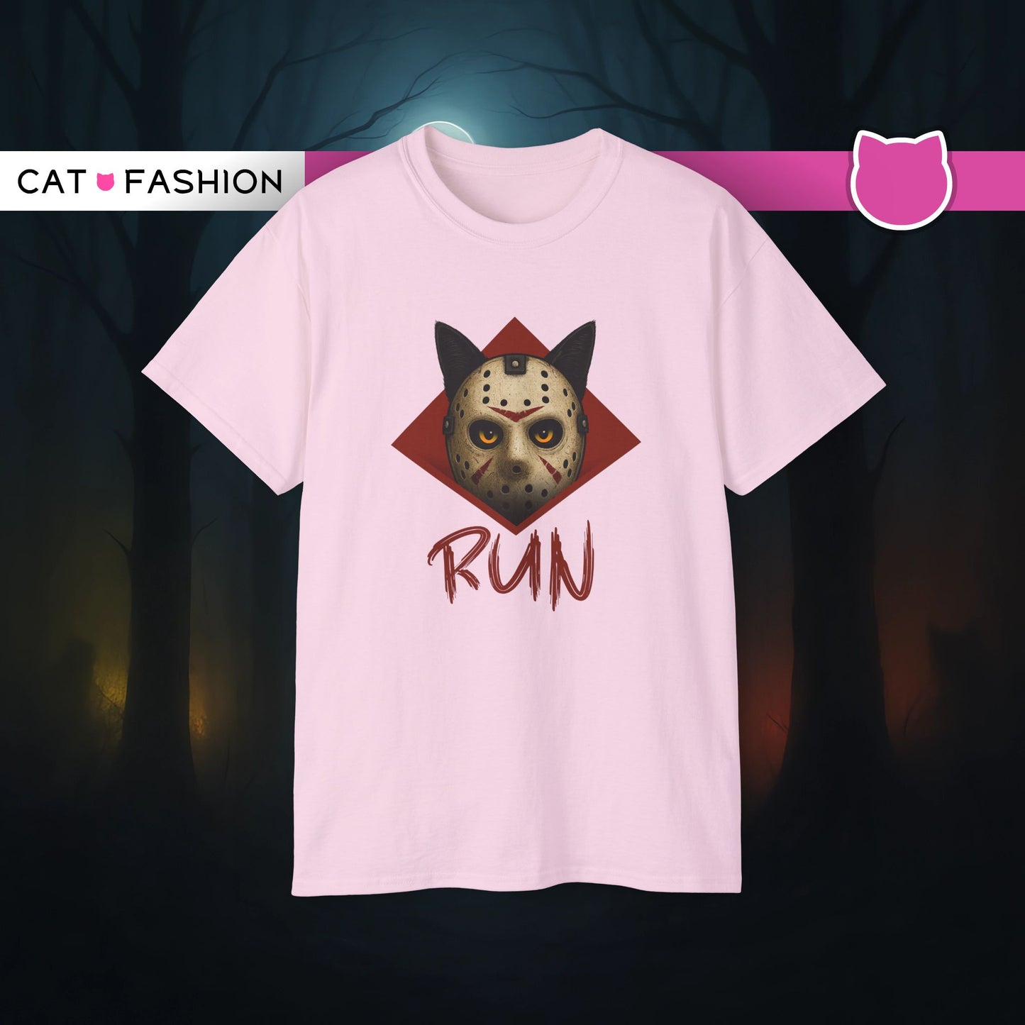 T-Shirt: RUN – Creepy Cat Horror Mask Graphic Tee – Halloween Scary Unisex Shirt for Spooky Season