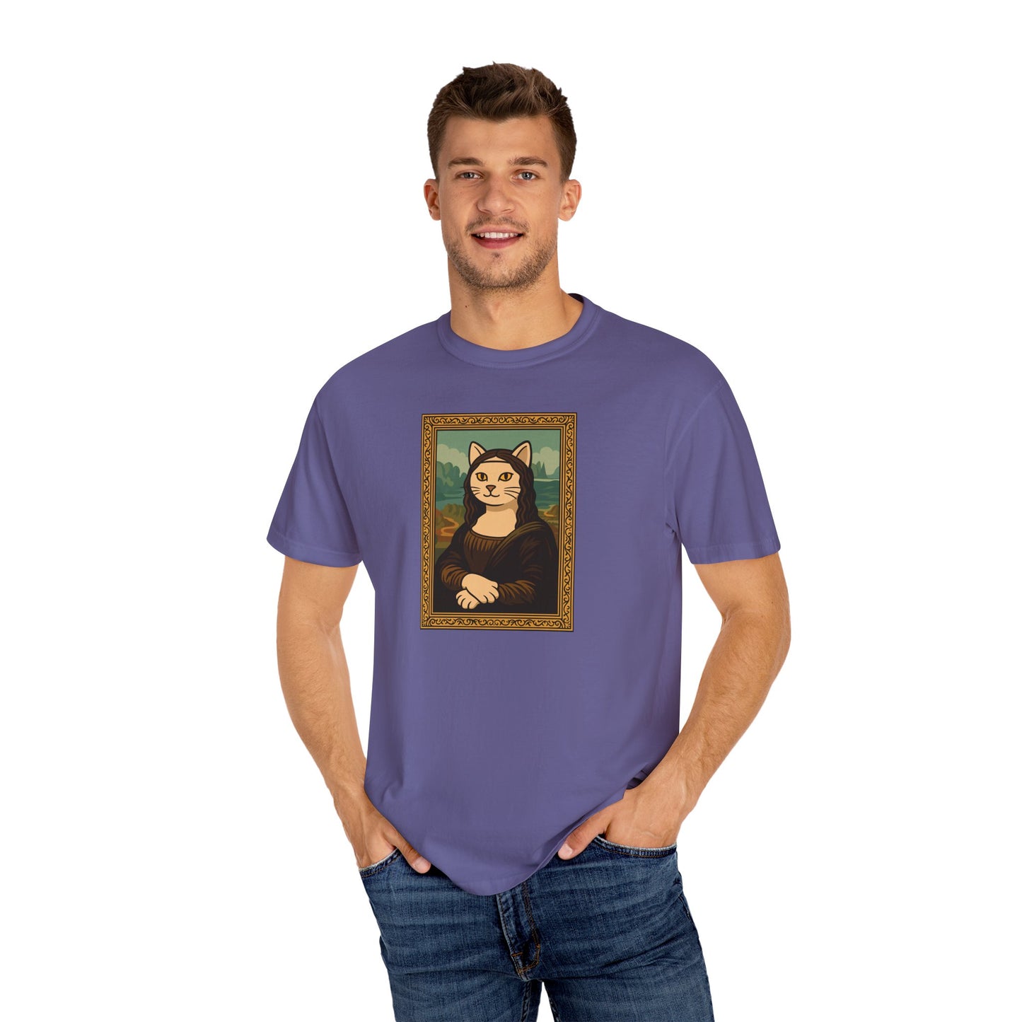 T-Shirt: Meow Mona Lisa - Cat Art Parody Graphic Tee - Leonardo da Vinci-Inspired Unisex Shirt for Cat Lovers and Art Fans