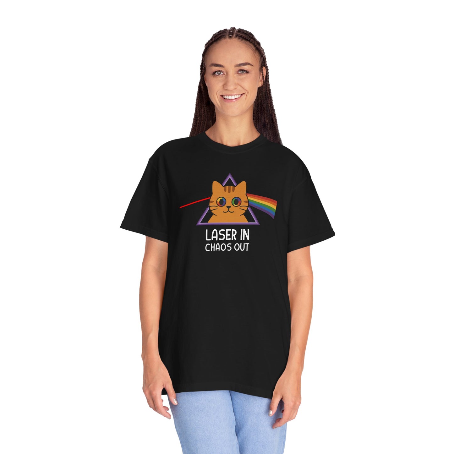 T-Shirt: Laser In - Chaos Out Cat Tee - Funny Rainbow Triangle Meme Shirt - Unisex Graphic Top for Nerds, Gamers and Cat People