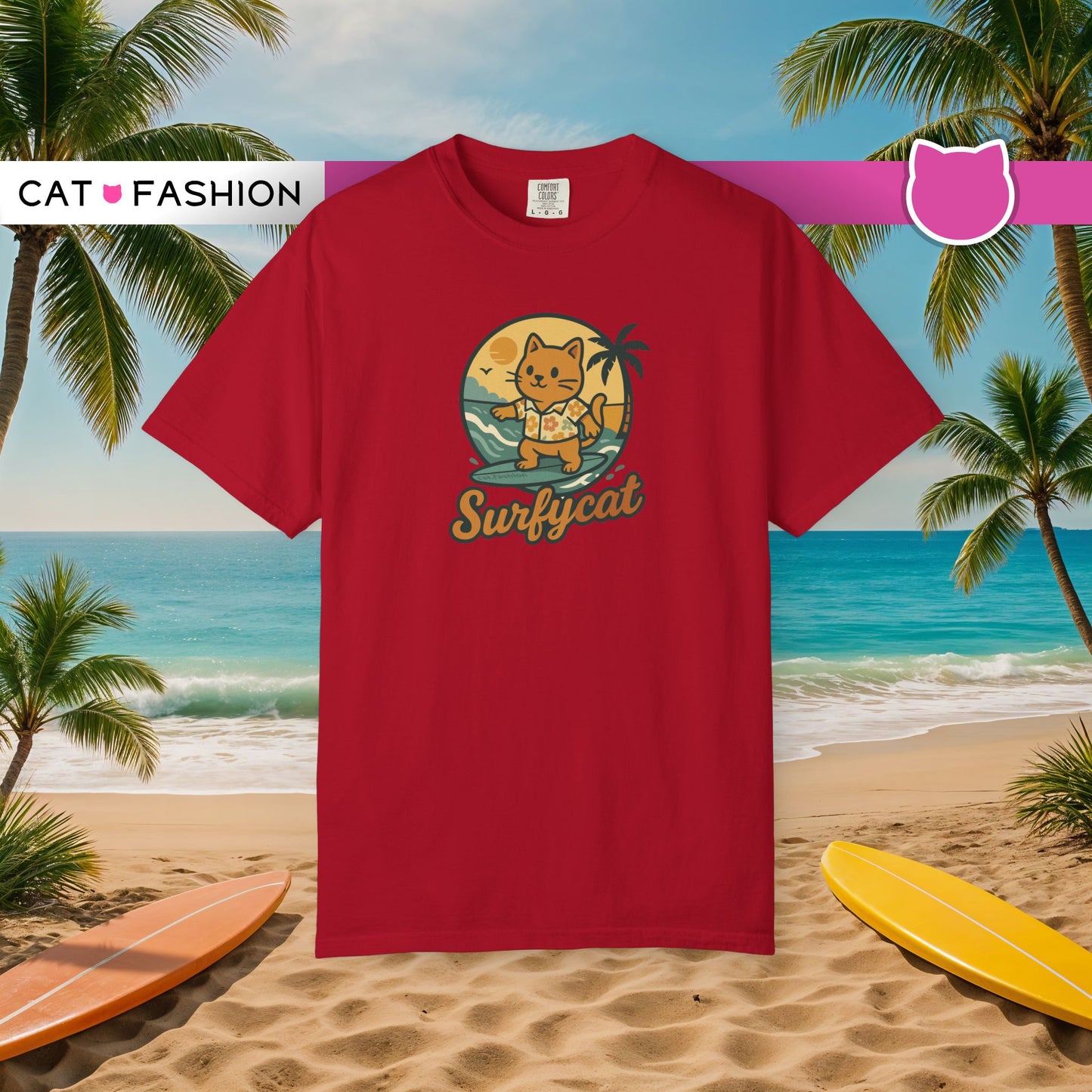 T-Shirt: Surfycat – Cool Cat with Surfboard Graphic Tee – Funny Summer Beach Vibes Unisex Shirt for Cat Lovers & Ocean Fans