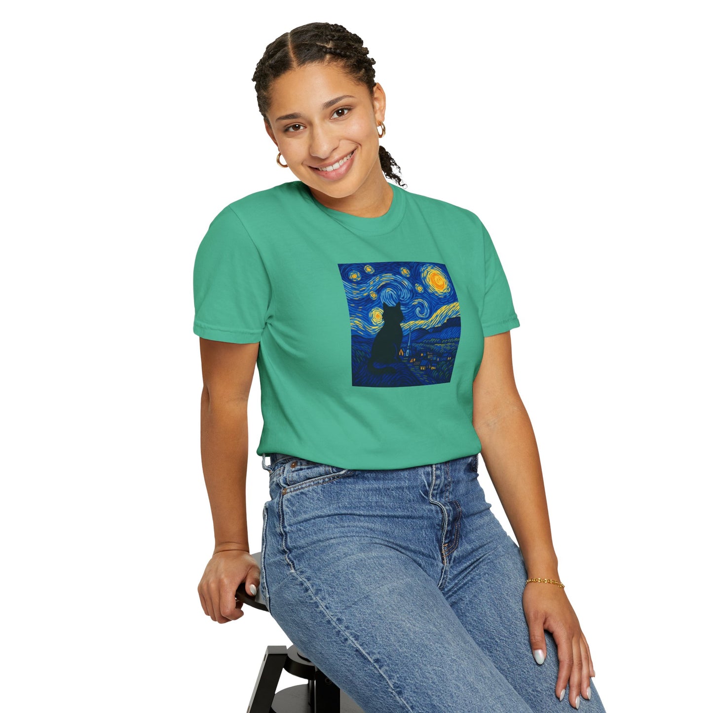 T-Shirt: The Starry Night with Cat - Van Gogh Parody Art Tee - Whimsical Unisex Shirt for Cat Lovers and Art Fans