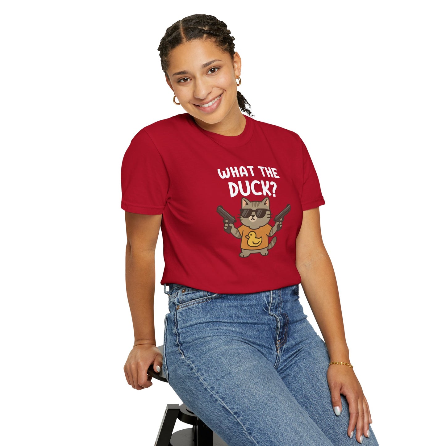 T-Shirt: What The Duck? - Funny Armed Cat Meme Graphic Tee - Humorous Unisex Shirt for Cat Lovers & Internet Humor Fans