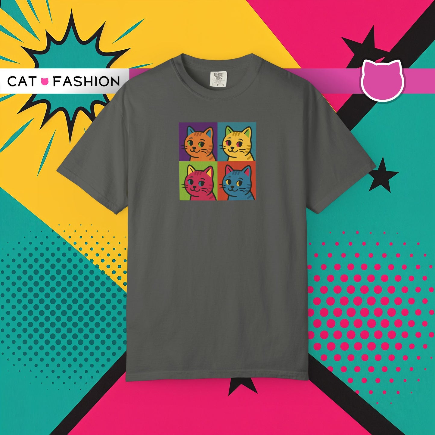 T-Shirt: Pop Art Cats - Colorful Retro Style Kitty Faces Graphic Tee - Funny Unisex Shirt for Cat Lovers and Art Fans