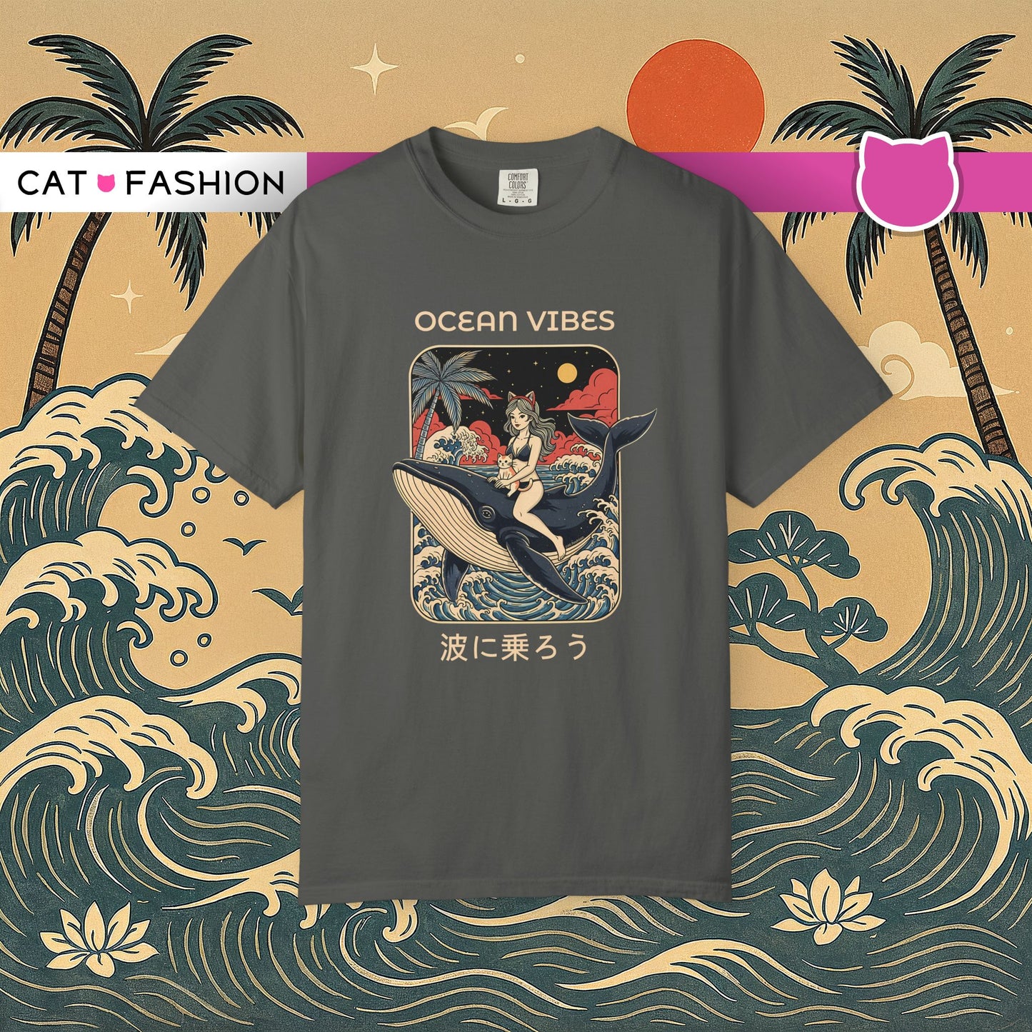 T-Shirt: Ocean Vibes – Anime Whale Rider Tee – Retro Japanese Style Shirt – Cat Girl Graphic Unisex Top for Surfers & Dreamers