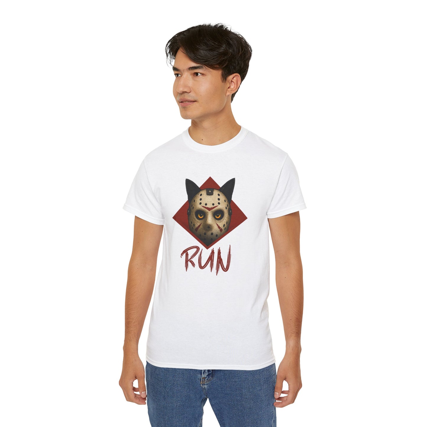 T-Shirt: RUN – Creepy Cat Horror Mask Graphic Tee – Halloween Scary Unisex Shirt for Spooky Season
