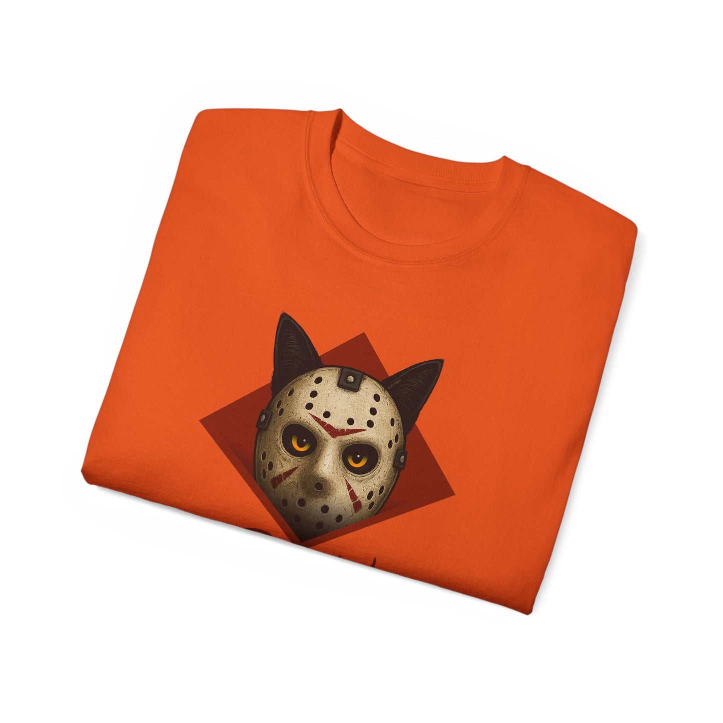 T-Shirt: RUN – Creepy Cat Horror Mask Graphic Tee – Halloween Scary Unisex Shirt for Spooky Season