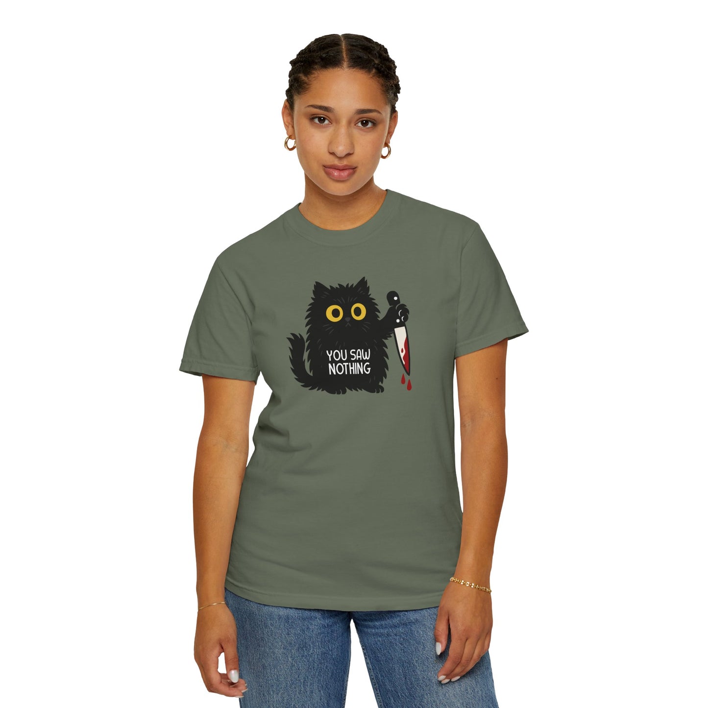 T-Shirt: You Saw Nothing - Funny Knife Cat Meme Graphic Tee - Dark Humor Unisex Shirt for Cat Lovers and Suspicious Vibes