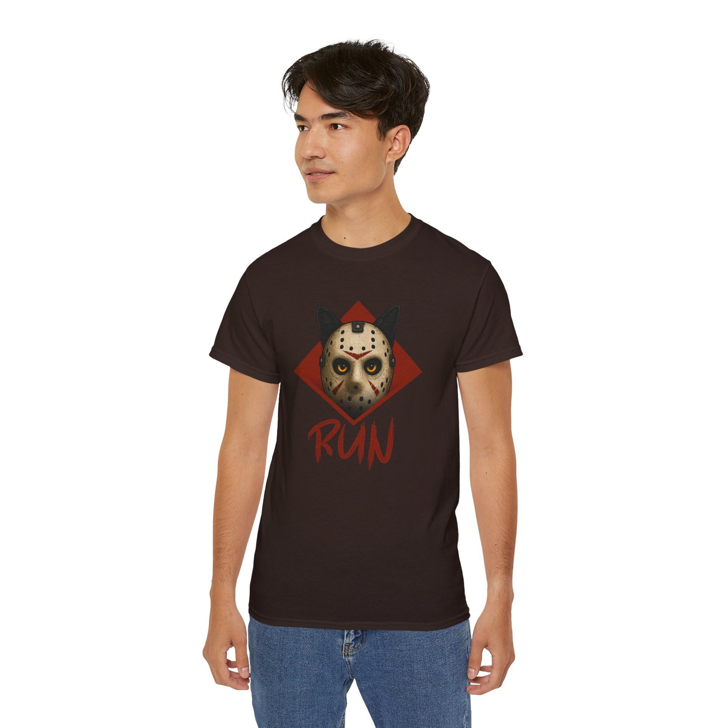 T-Shirt: RUN – Creepy Cat Horror Mask Graphic Tee – Halloween Scary Unisex Shirt for Spooky Season