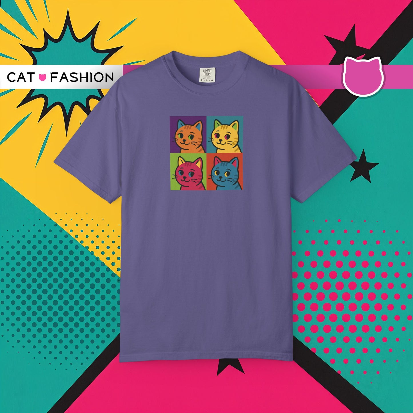 T-Shirt: Pop Art Cats - Colorful Retro Style Kitty Faces Graphic Tee - Funny Unisex Shirt for Cat Lovers and Art Fans