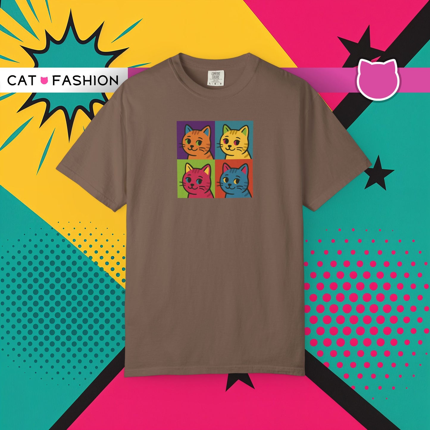 T-Shirt: Pop Art Cats - Colorful Retro Style Kitty Faces Graphic Tee - Funny Unisex Shirt for Cat Lovers and Art Fans
