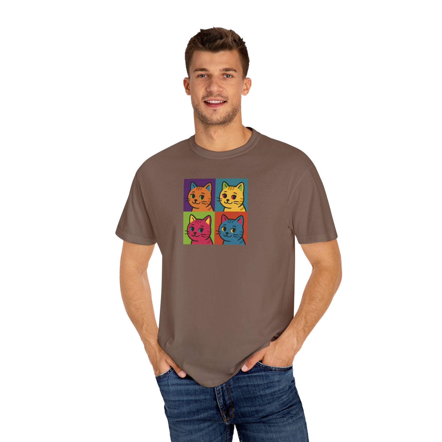 T-Shirt: Pop Art Cats - Colorful Retro Style Kitty Faces Graphic Tee - Funny Unisex Shirt for Cat Lovers and Art Fans