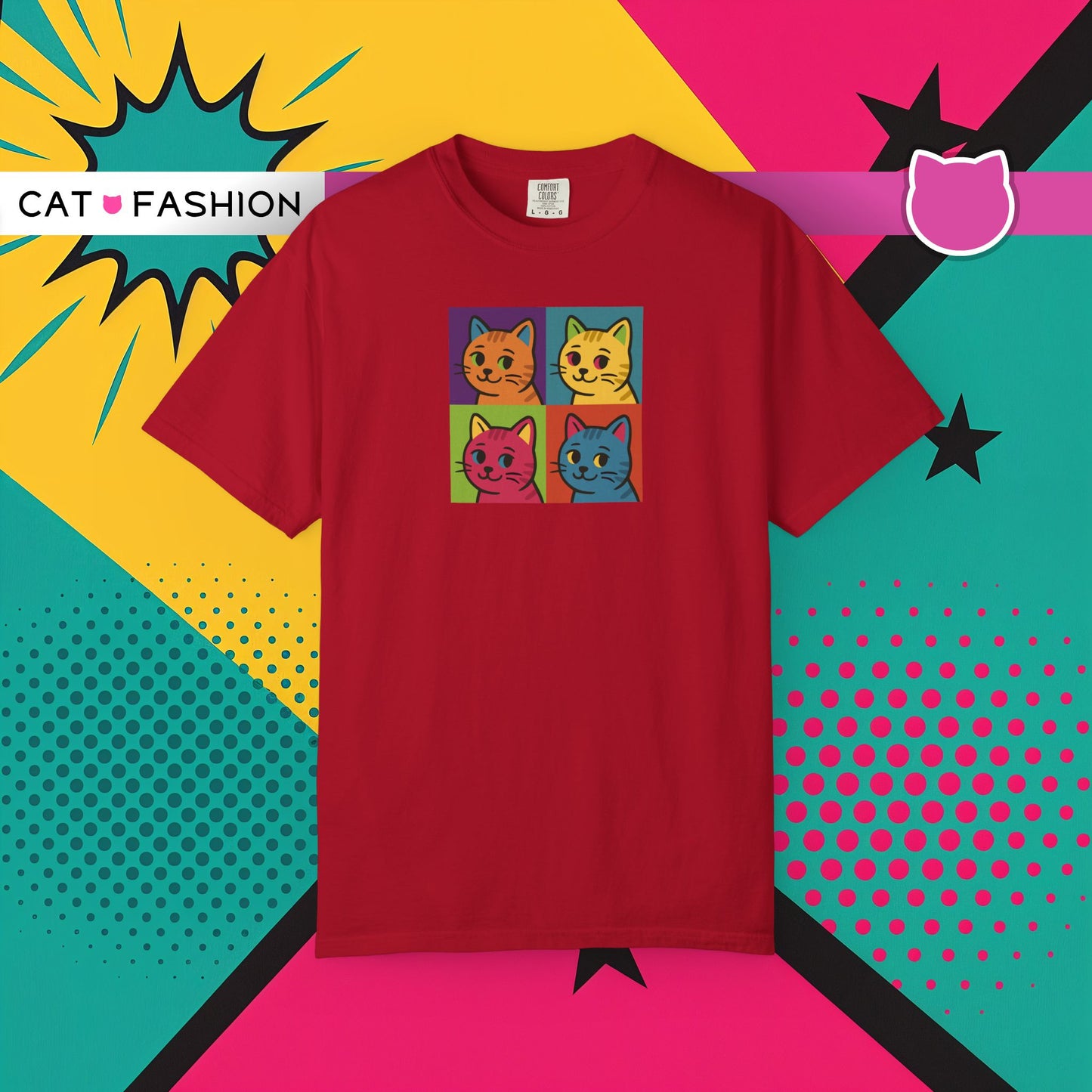 T-Shirt: Pop Art Cats - Colorful Retro Style Kitty Faces Graphic Tee - Funny Unisex Shirt for Cat Lovers and Art Fans