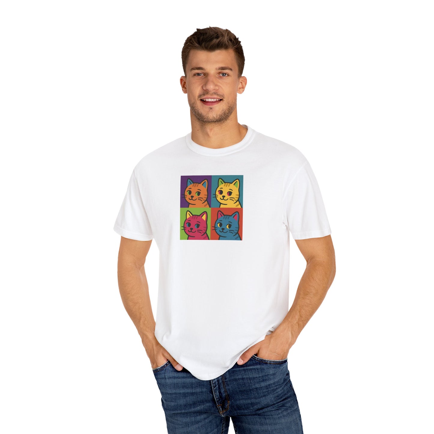 T-Shirt: Pop Art Cats - Colorful Retro Style Kitty Faces Graphic Tee - Funny Unisex Shirt for Cat Lovers and Art Fans