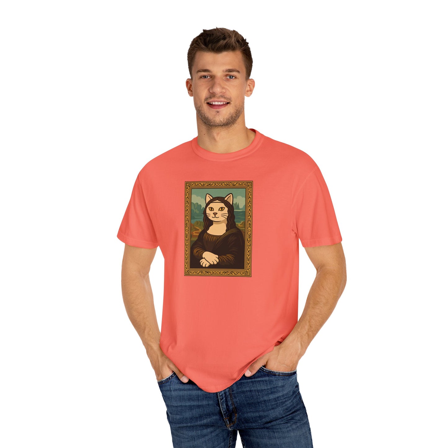 T-Shirt: Meow Mona Lisa - Cat Art Parody Graphic Tee - Leonardo da Vinci-Inspired Unisex Shirt for Cat Lovers and Art Fans