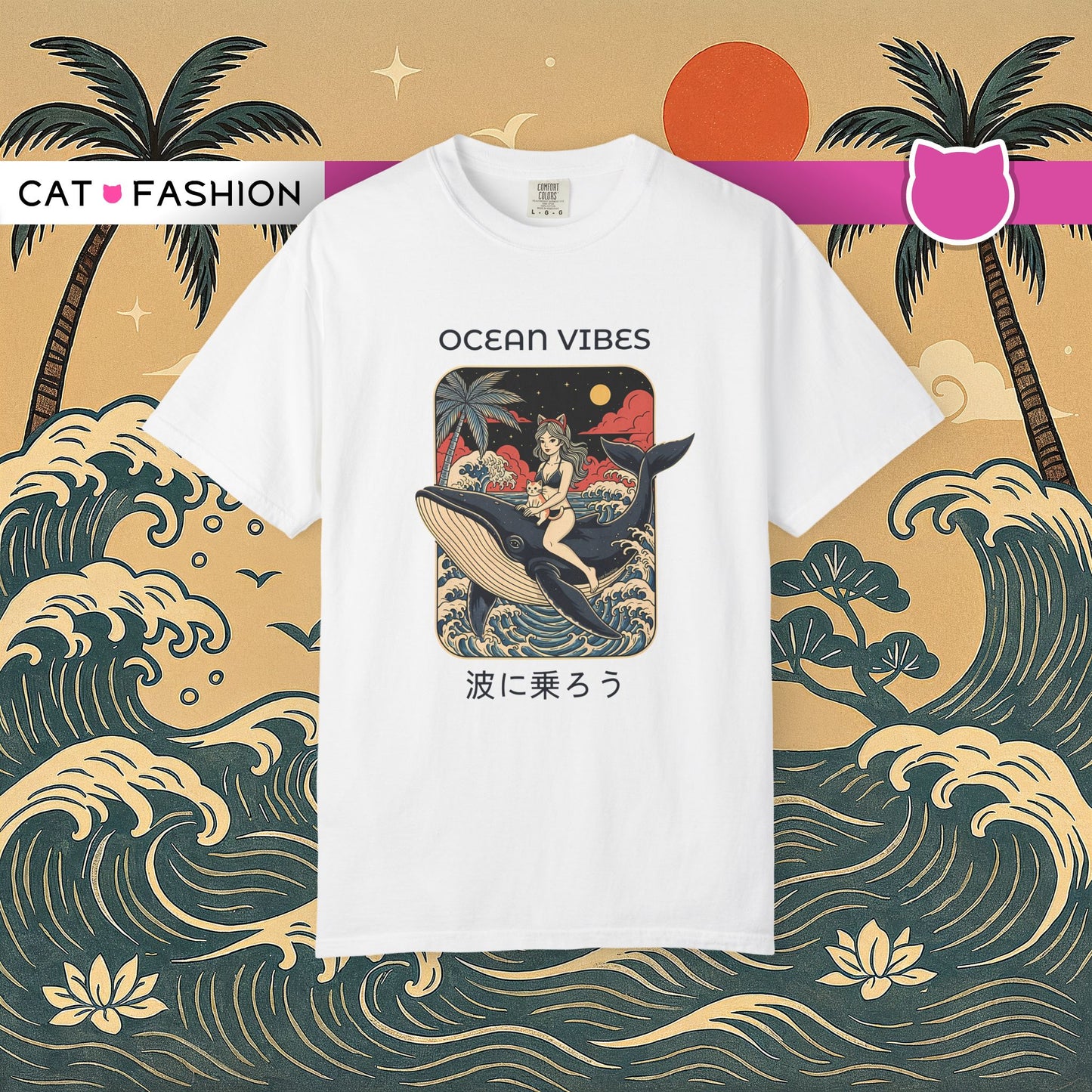 T-Shirt: Ocean Vibes – Anime Whale Rider Tee – Retro Japanese Style Shirt – Cat Girl Graphic Unisex Top for Surfers & Dreamers
