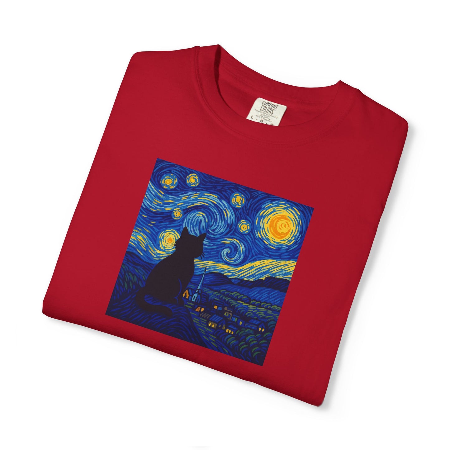 T-Shirt: The Starry Night with Cat - Van Gogh Parody Art Tee - Whimsical Unisex Shirt for Cat Lovers and Art Fans