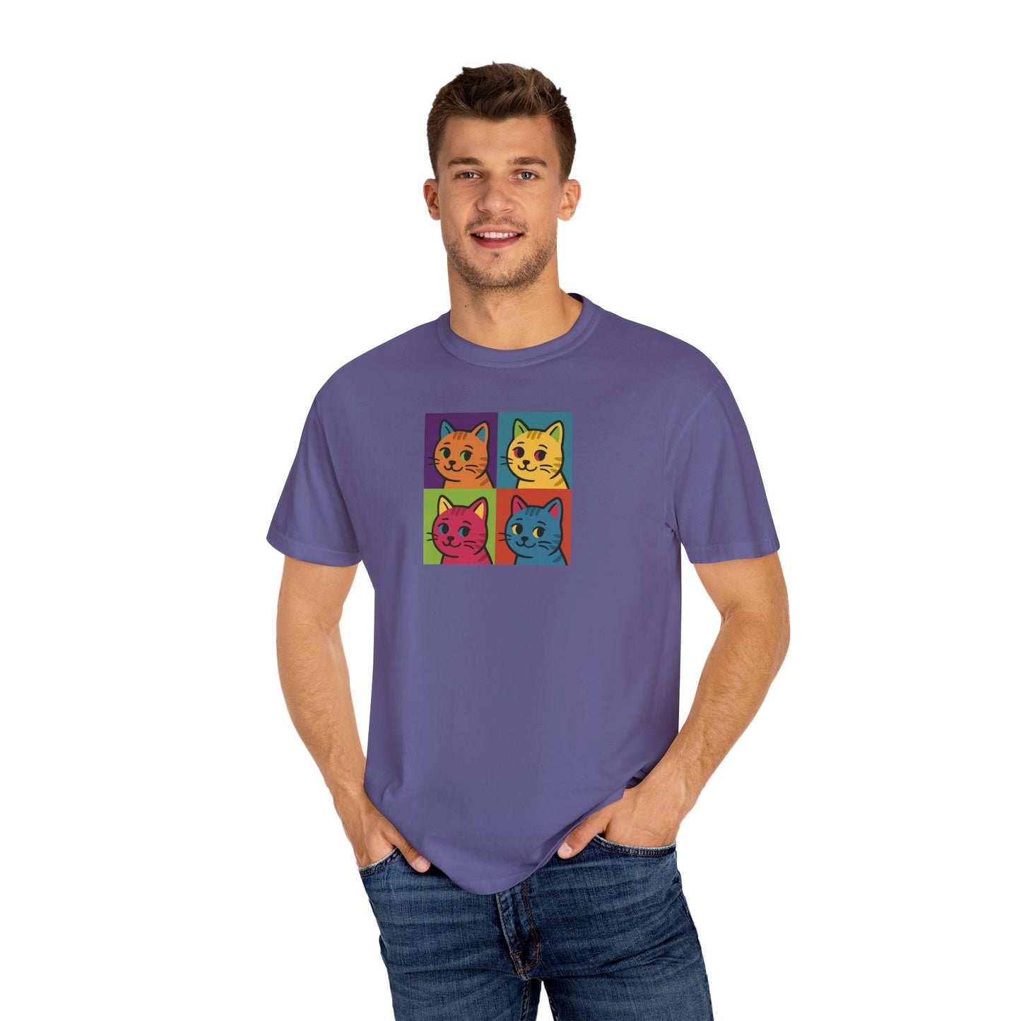 T-Shirt: Pop Art Cats - Colorful Retro Style Kitty Faces Graphic Tee - Funny Unisex Shirt for Cat Lovers and Art Fans