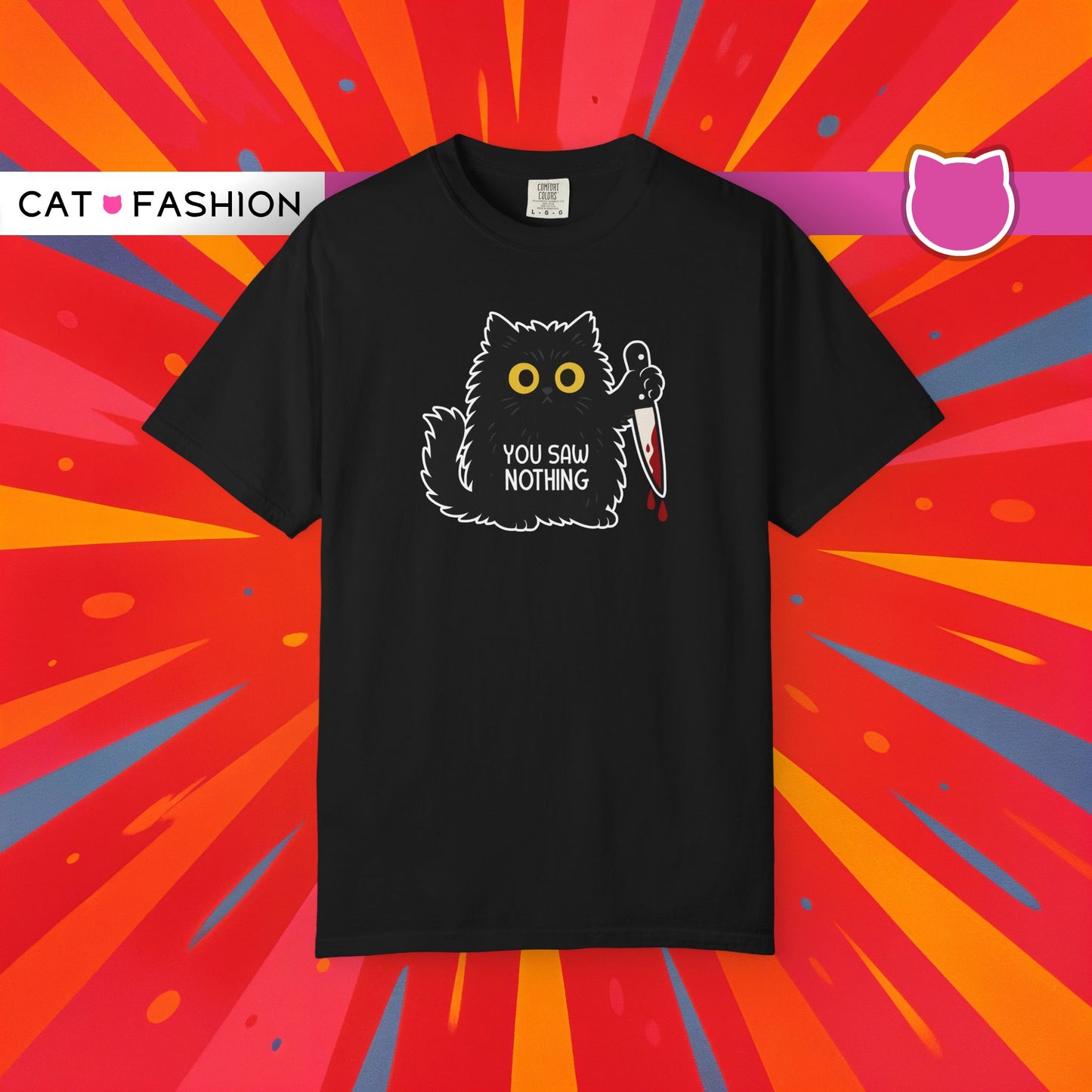 T-Shirt: You Saw Nothing - Funny Knife Cat Meme Graphic Tee - Dark Humor Unisex Shirt for Cat Lovers and Suspicious Vibes