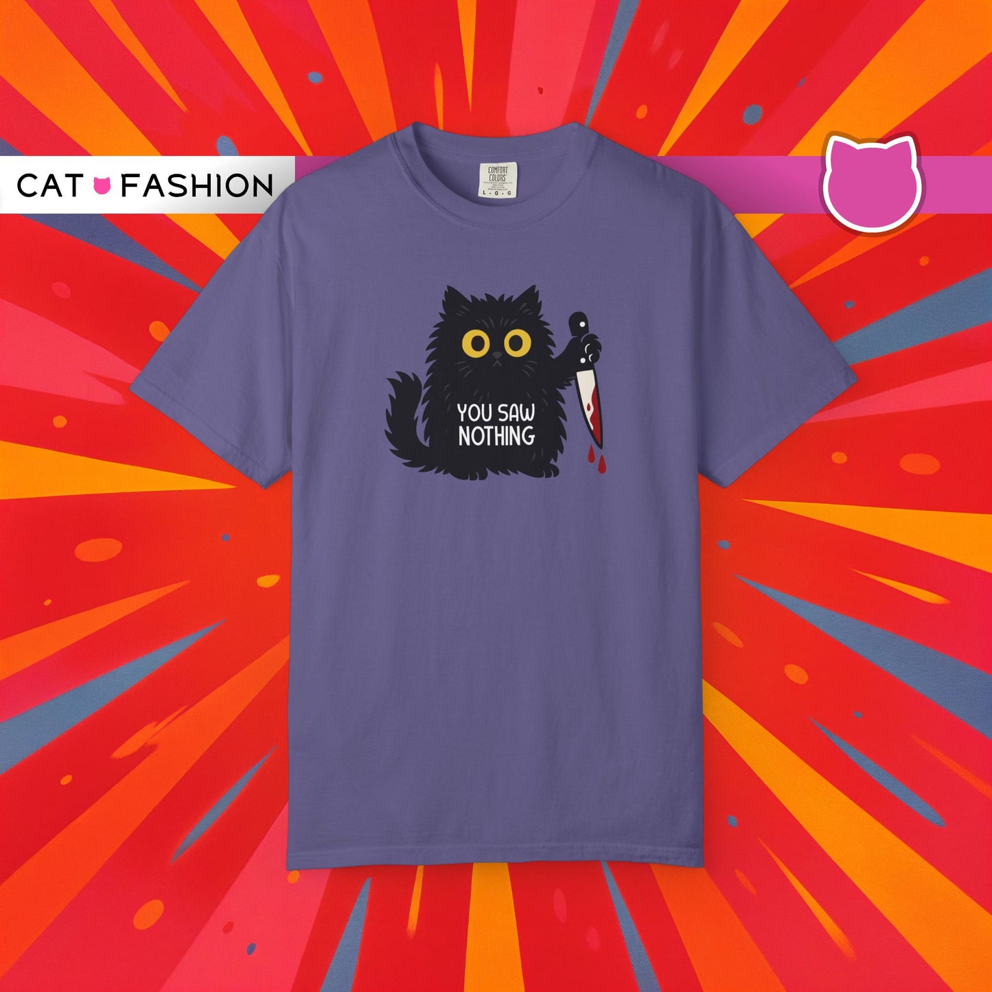 T-Shirt: You Saw Nothing - Funny Knife Cat Meme Graphic Tee - Dark Humor Unisex Shirt for Cat Lovers and Suspicious Vibes