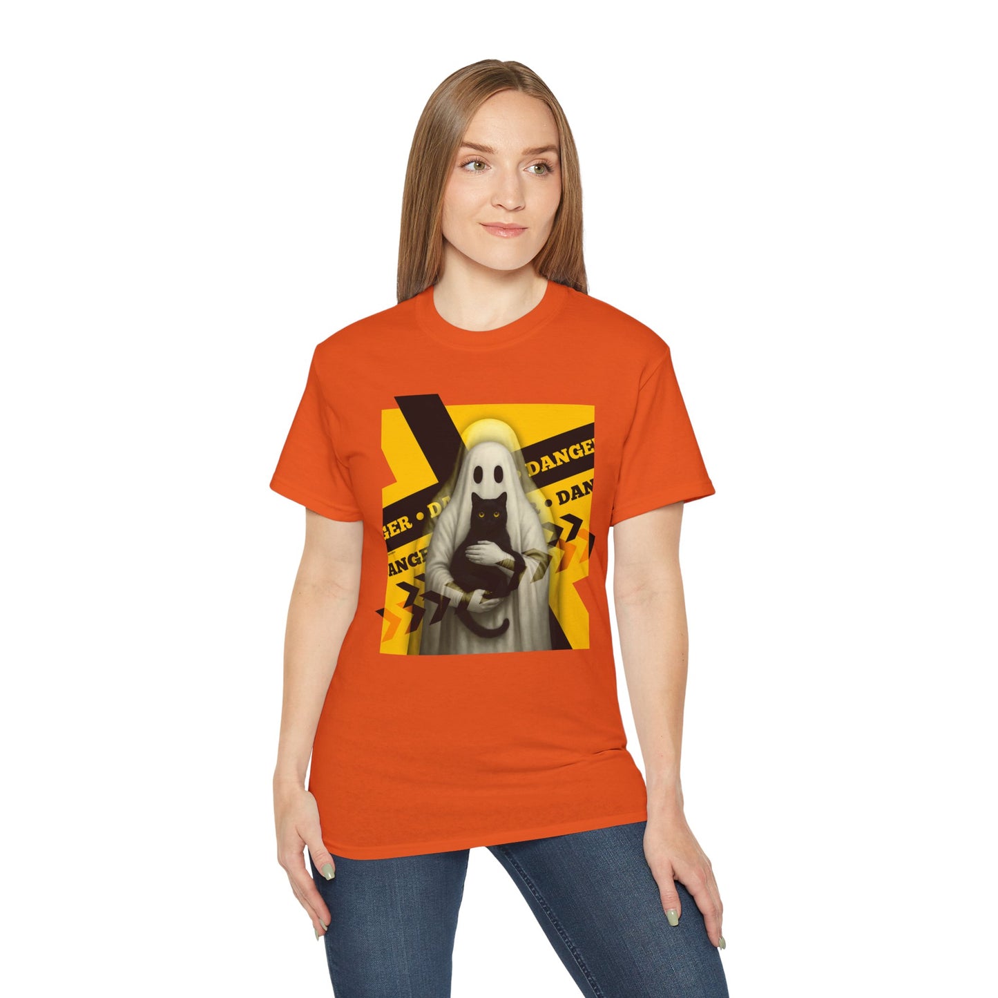 T-Shirt: Danger Cat and Ghost – Spooky Halloween Graphic Tee – Funny Unisex Shirt for Horror Fans
