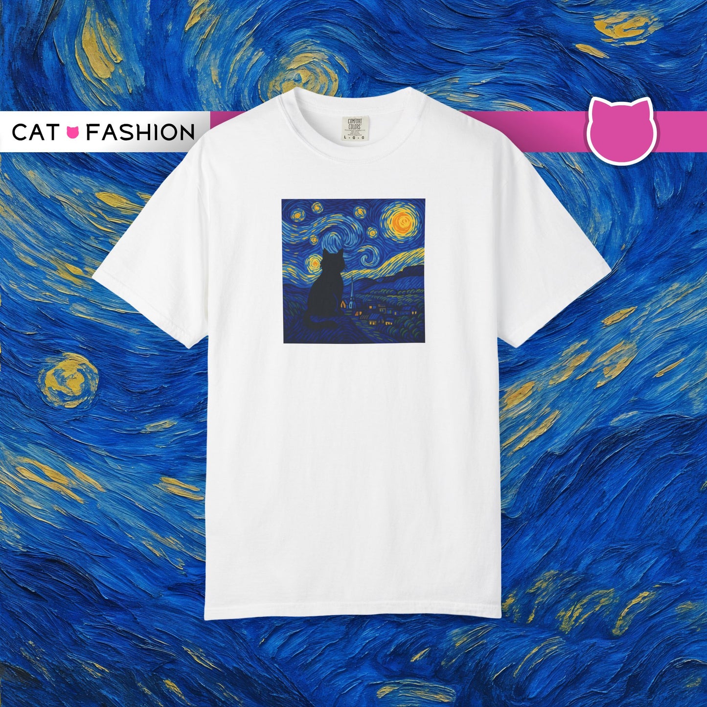 T-Shirt: The Starry Night with Cat - Van Gogh Parody Art Tee - Whimsical Unisex Shirt for Cat Lovers and Art Fans