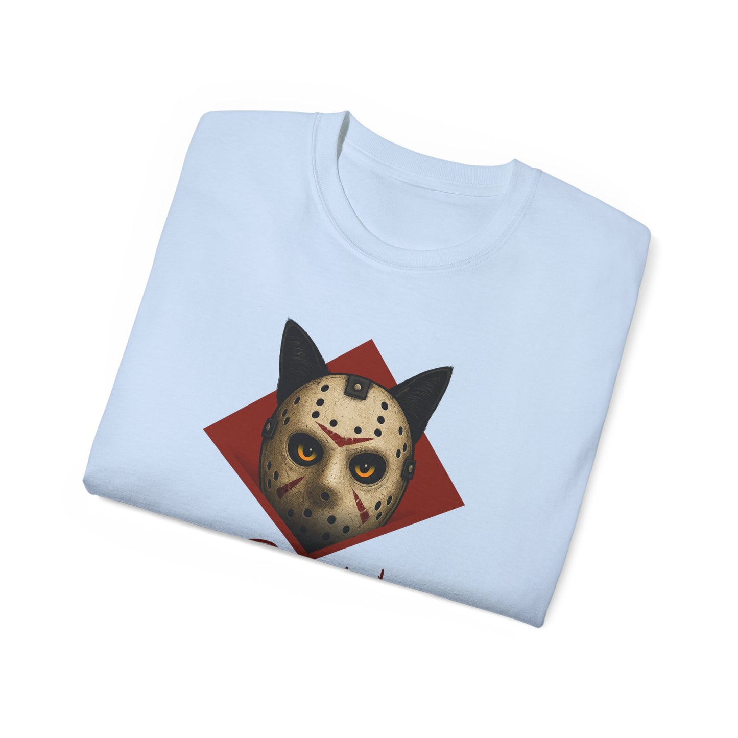 T-Shirt: RUN – Creepy Cat Horror Mask Graphic Tee – Halloween Scary Unisex Shirt for Spooky Season