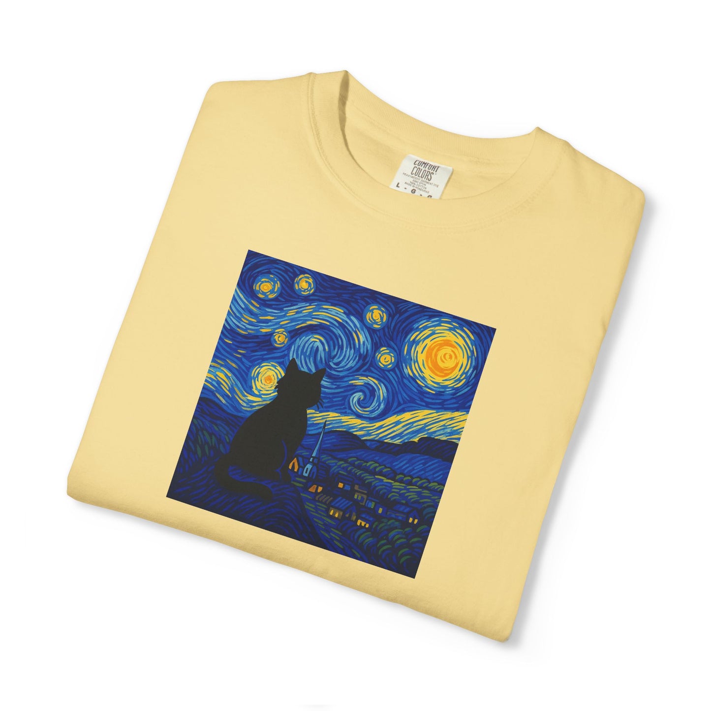 T-Shirt: The Starry Night with Cat - Van Gogh Parody Art Tee - Whimsical Unisex Shirt for Cat Lovers and Art Fans