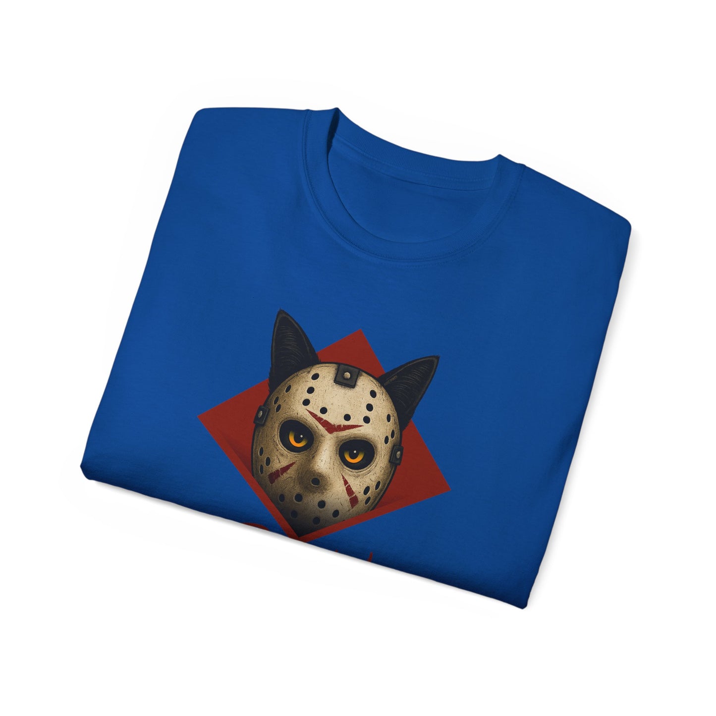 T-Shirt: RUN – Creepy Cat Horror Mask Graphic Tee – Halloween Scary Unisex Shirt for Spooky Season