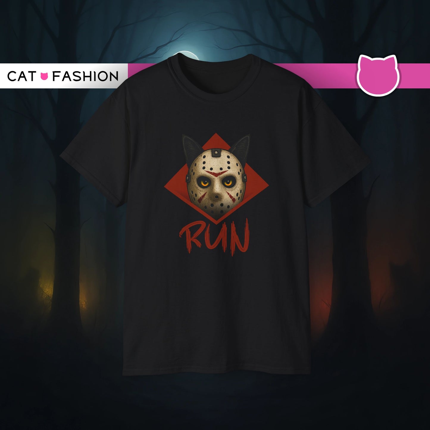 T-Shirt: RUN – Creepy Cat Horror Mask Graphic Tee – Halloween Scary Unisex Shirt for Spooky Season