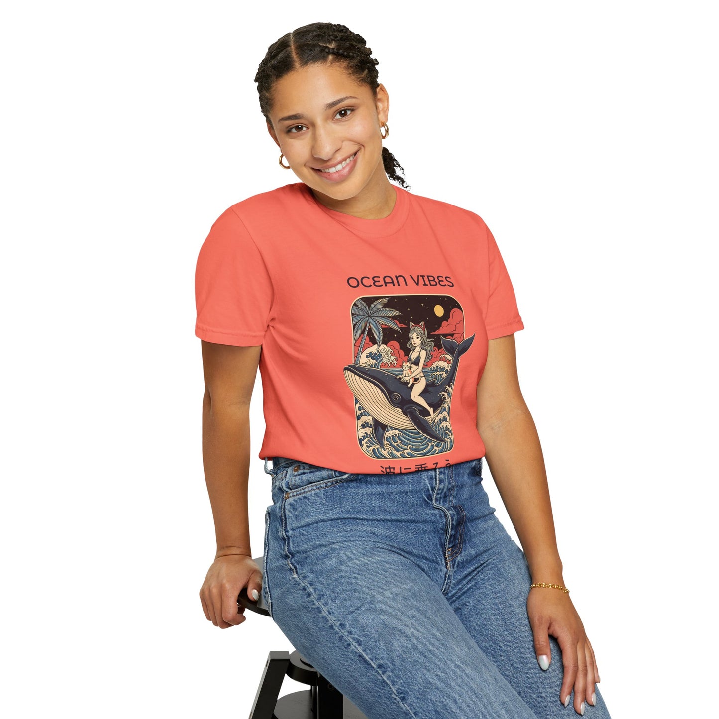 T-Shirt: Ocean Vibes – Anime Whale Rider Tee – Retro Japanese Style Shirt – Cat Girl Graphic Unisex Top for Surfers & Dreamers