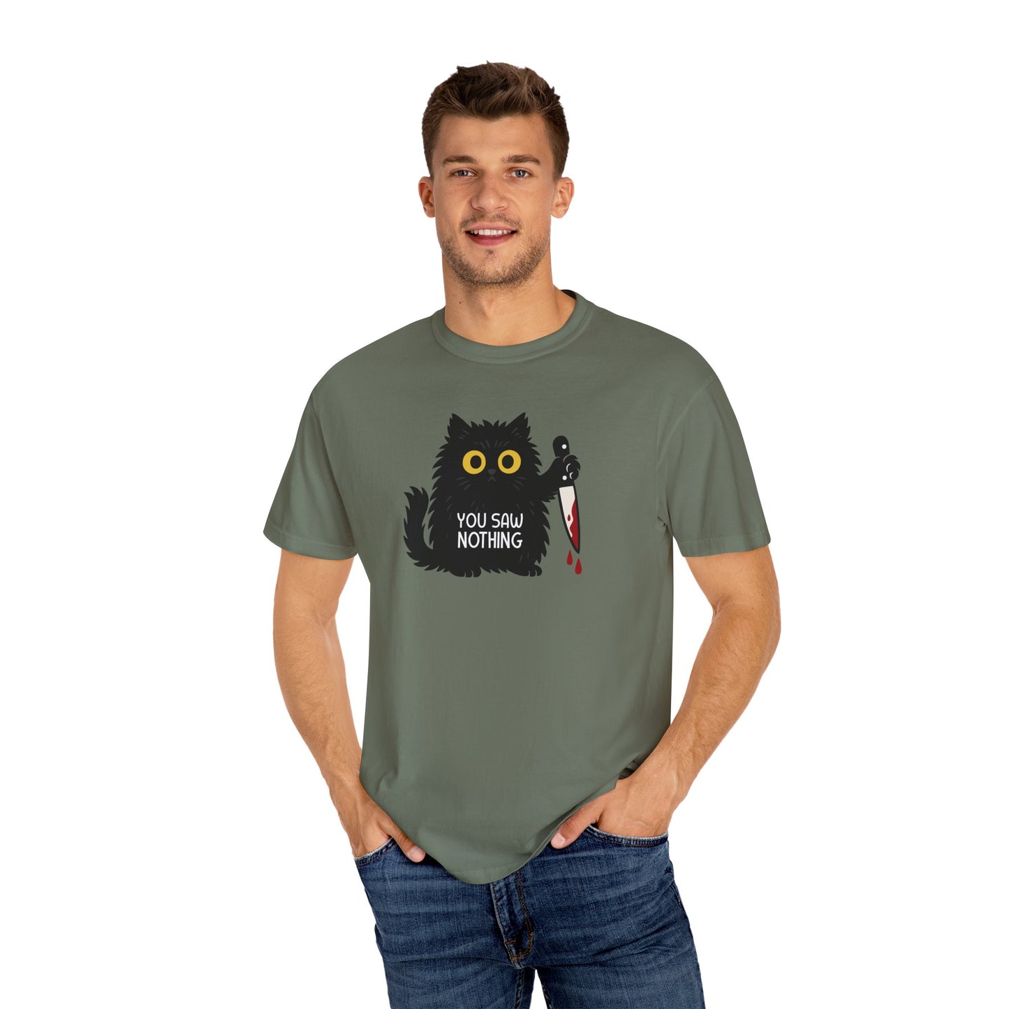 T-Shirt: You Saw Nothing - Funny Knife Cat Meme Graphic Tee - Dark Humor Unisex Shirt for Cat Lovers and Suspicious Vibes
