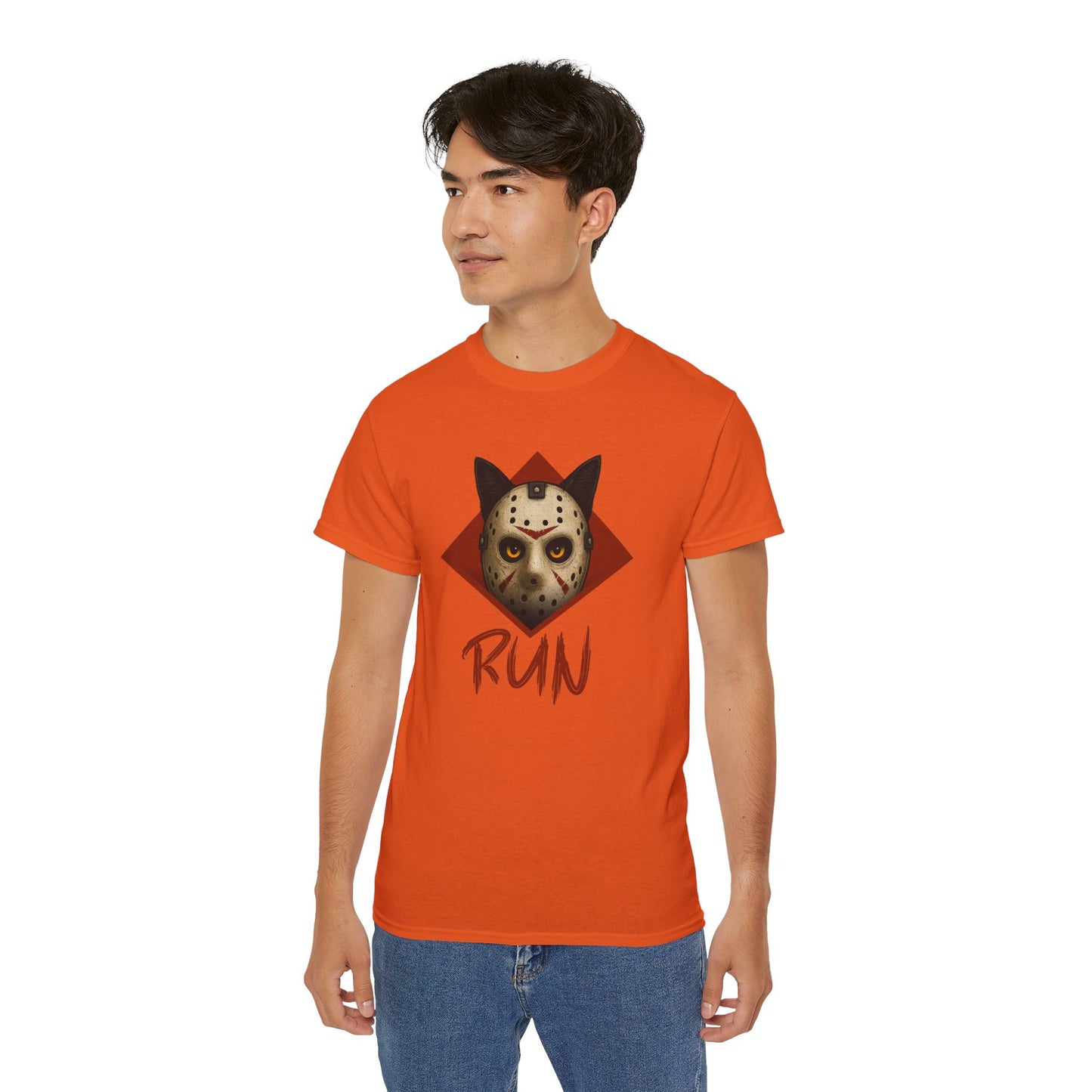 T-Shirt: RUN – Creepy Cat Horror Mask Graphic Tee – Halloween Scary Unisex Shirt for Spooky Season